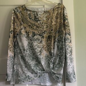 Time and Tru Paisley Long Sleeve Top - Green and Gold